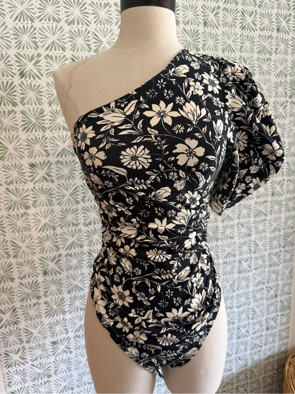 Free People Black & Cream One-Shoulder Floral Ruched Dress